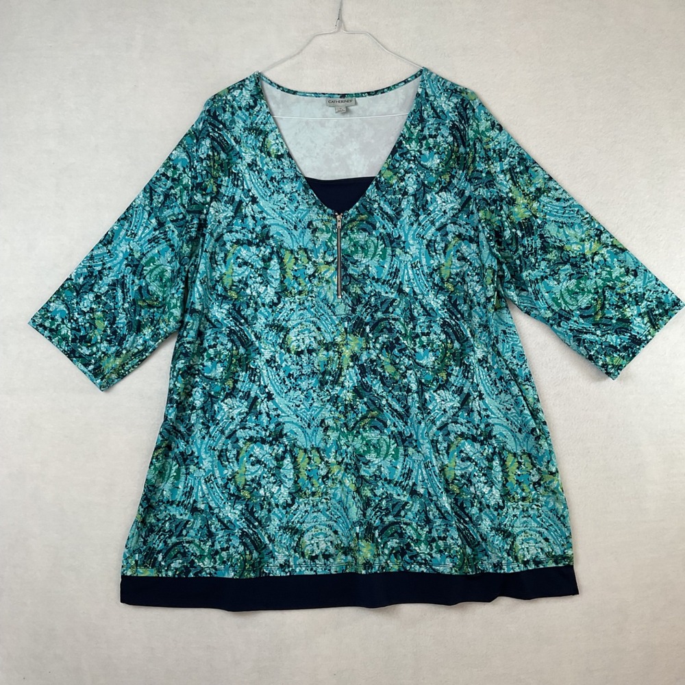 Catherines 1X Plus Size Tunic Top Teal Green Abstract Paisley 3/4 Zip V-Neck